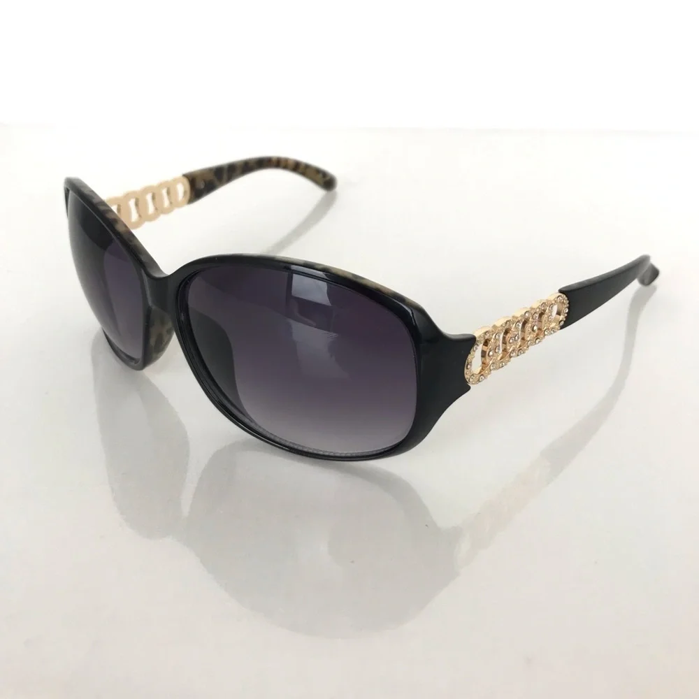 Guess Women's Sunglasses Black Frames W/Leopard Print Gold Rhinestone Accents